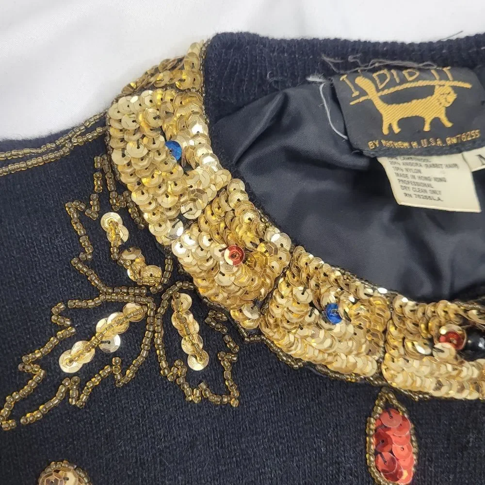 VINTAGE 80s cardigan black‎ sequined embellished wool angora sweater M